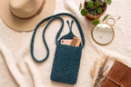 Teal Macrame Phone Bag | Handwoven Mini Crossbody with Leaf Detail