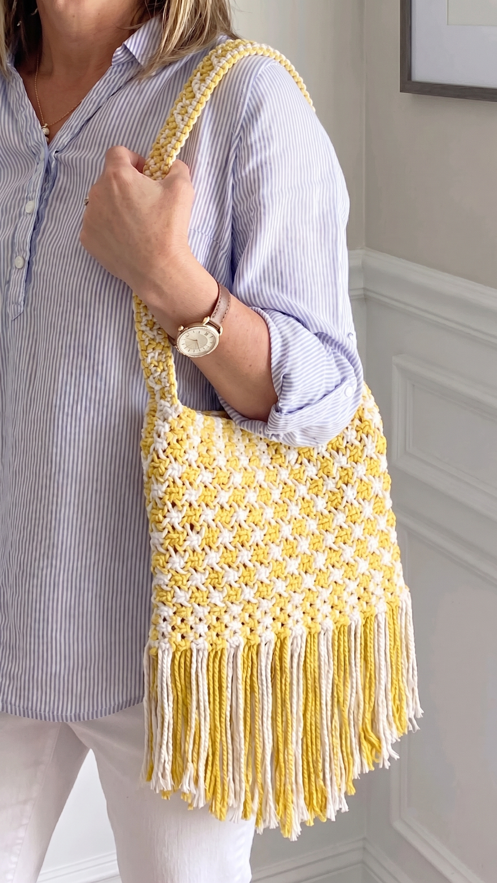 Sunshine Yellow Macrame Shoulder Bag | Two-Tone Boho Fringe Bag