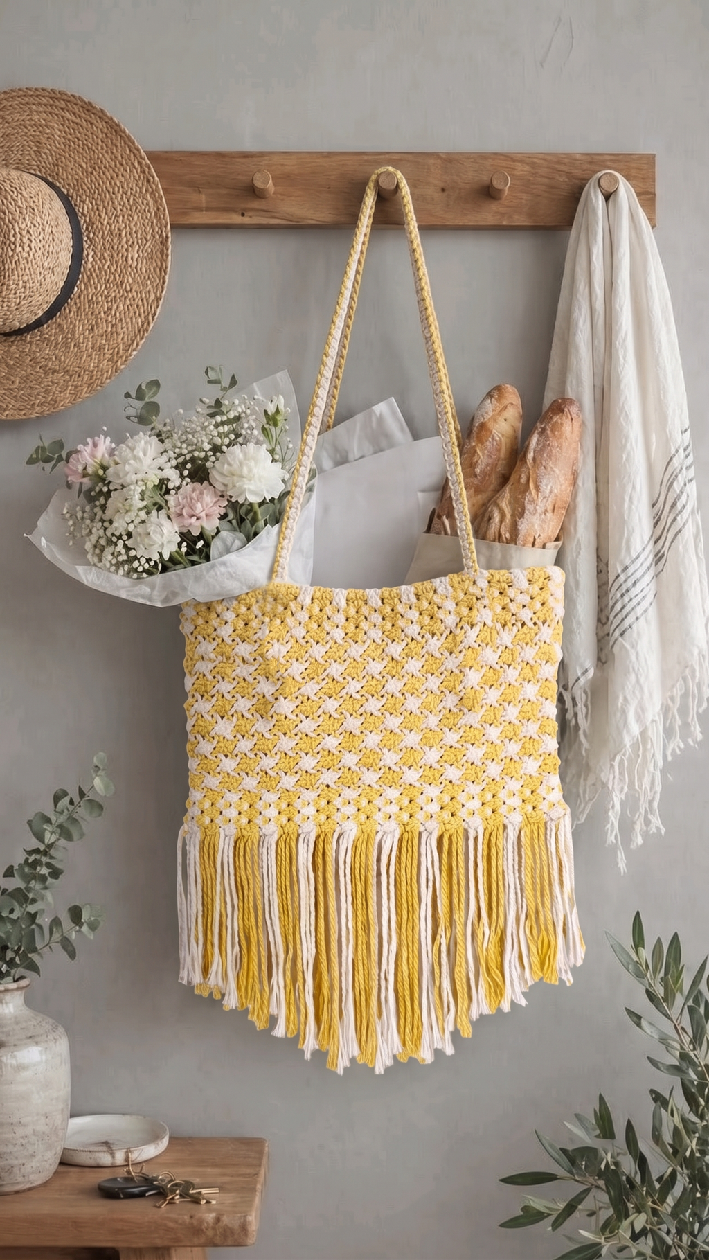 Sunshine Yellow Macrame Shoulder Bag | Two-Tone Boho Fringe Bag