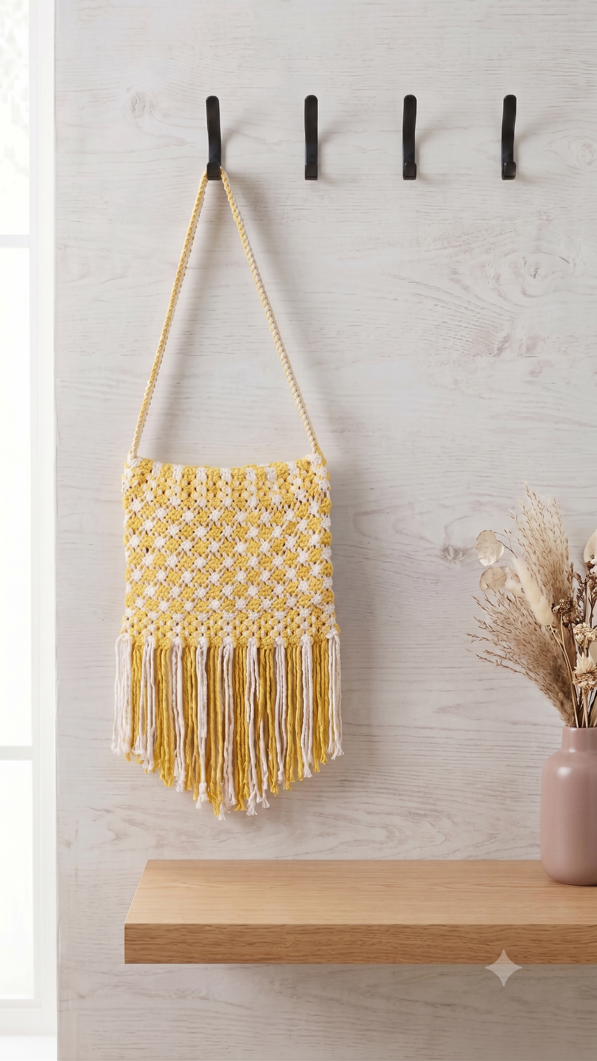 Sunshine Yellow Macrame Shoulder Bag | Two-Tone Boho Fringe Bag