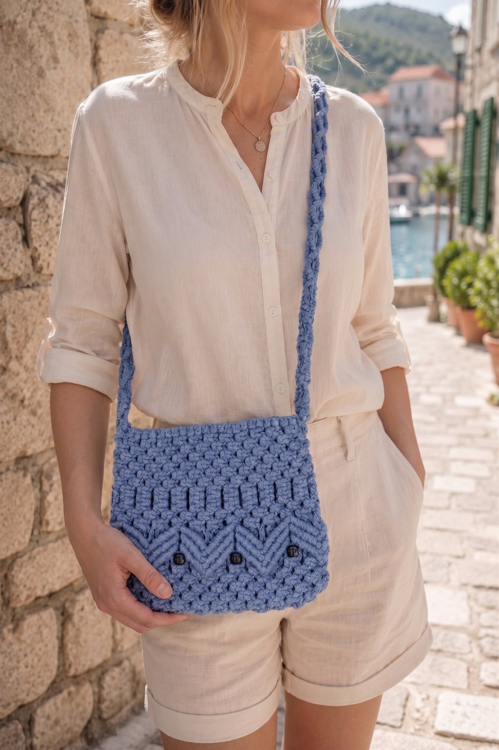 Royal Blue Macrame Crossbody | Beaded Chevron Boho Bag