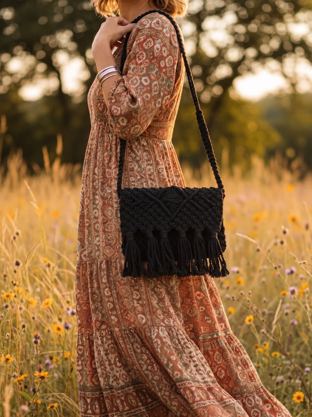 Black Macramé Crossbody Bag