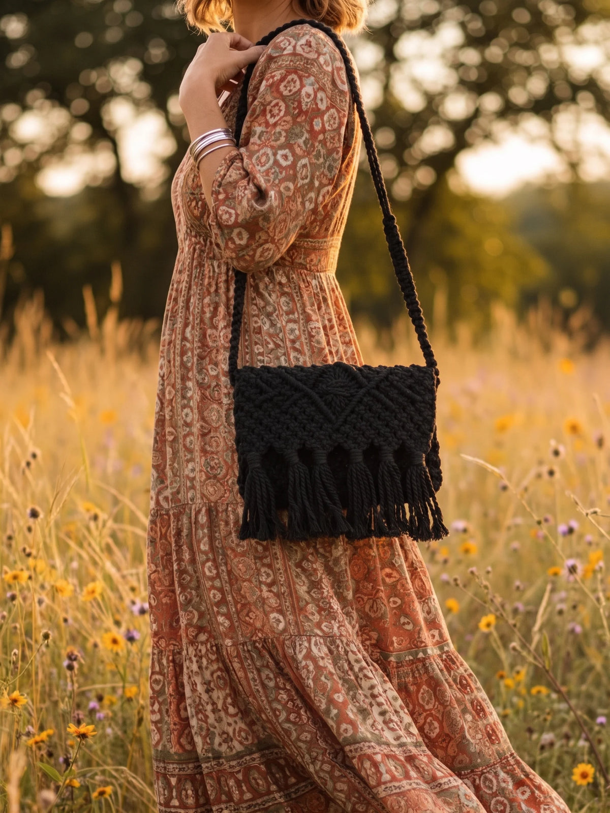 Black Macramé Crossbody Bag
