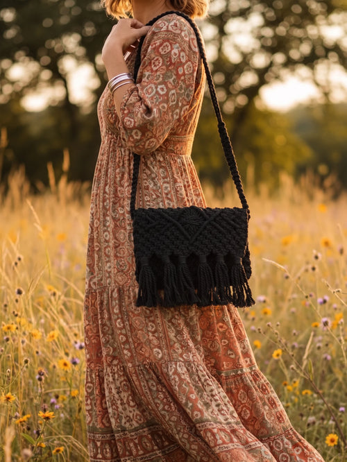 Black Macramé Crossbody Bag