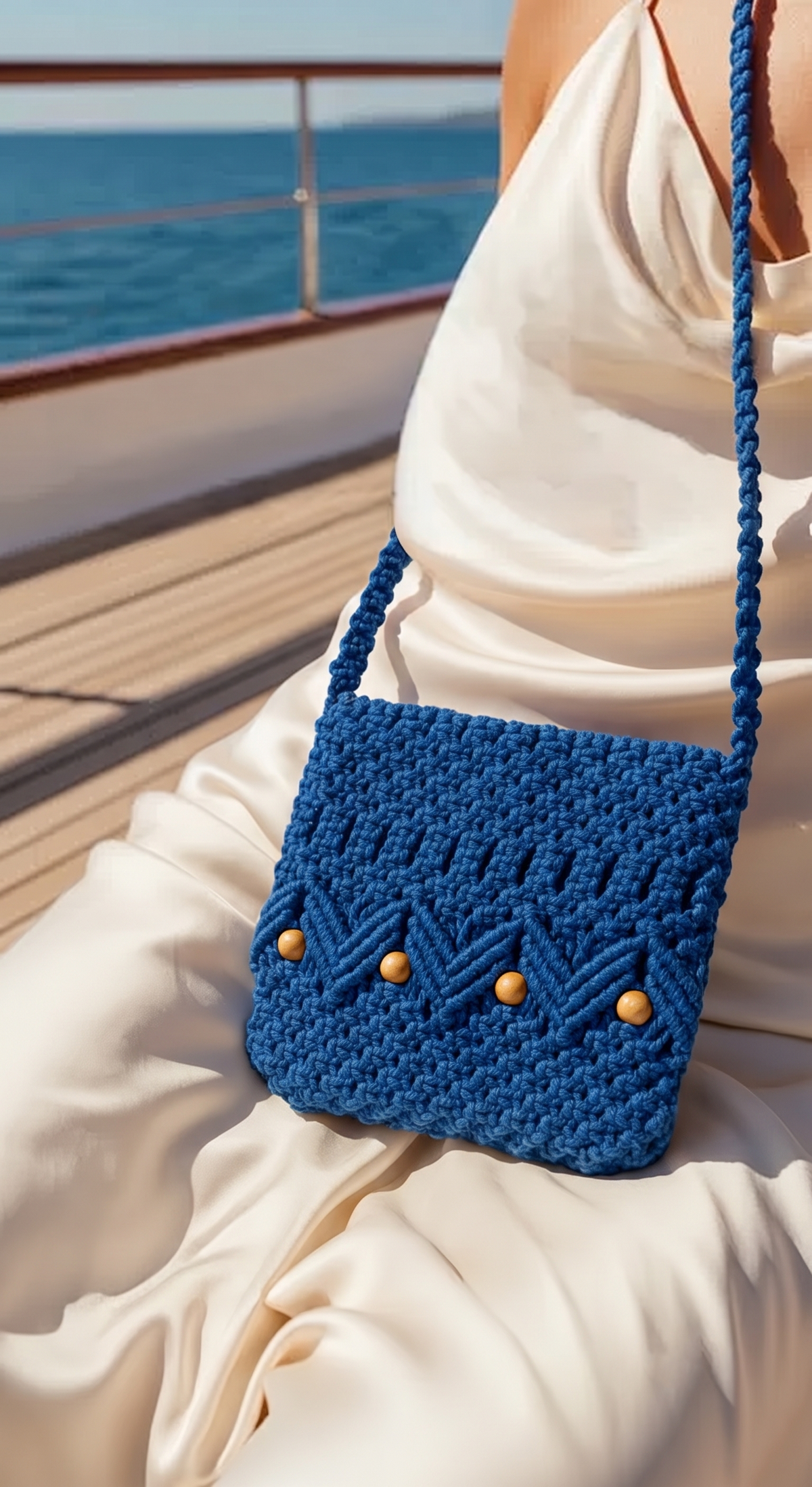Dusty Blue Macrame Shoulder Bag | Vintage-Style Beaded Boho Bag