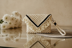 Ivory & Black Macrame Clutch | Boho Envelope Bag with Wristlet Strap