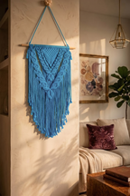 Turquoise Macrame Wall Hanging | Boho Tapestry on Wooden Dowel