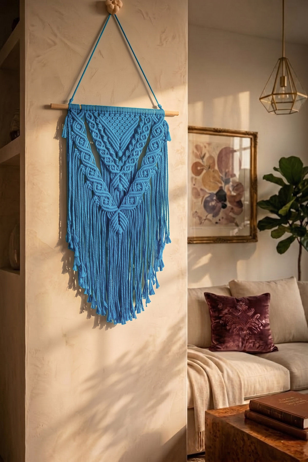 Turquoise Macrame Wall Hanging | Boho Tapestry on Wooden Dowel