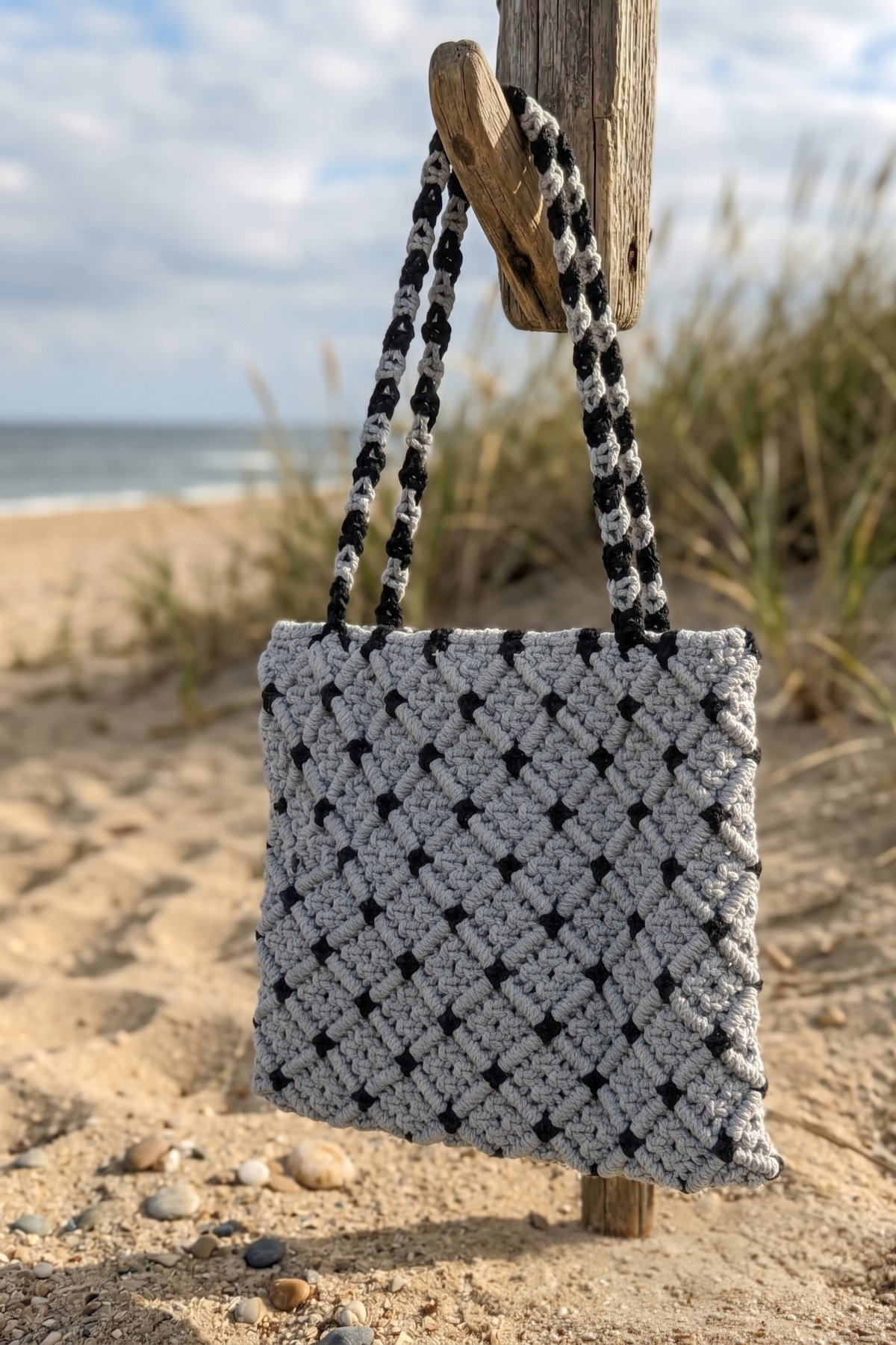 Grey Macrame Crossbody Bag | Diamond Pattern Handwoven Bag