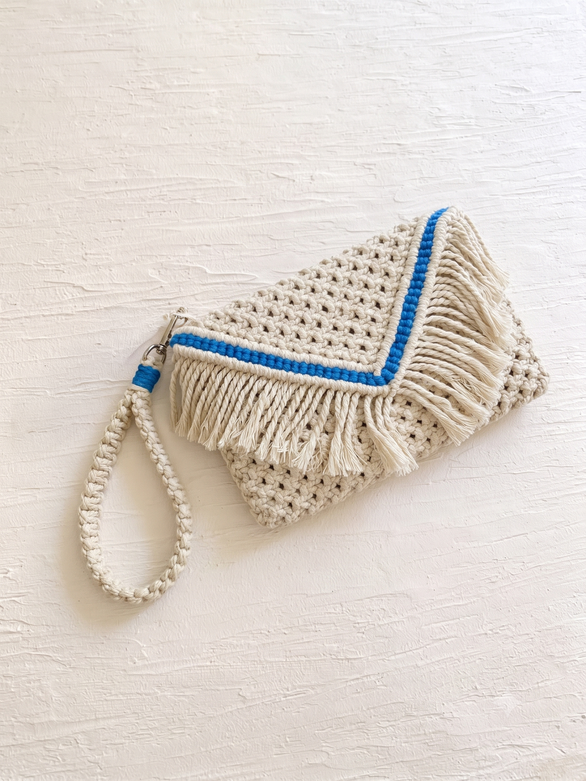 Ivory Macrame Clutch Set with Blue Trim | Envelope Bag + Wristlet Keychain
