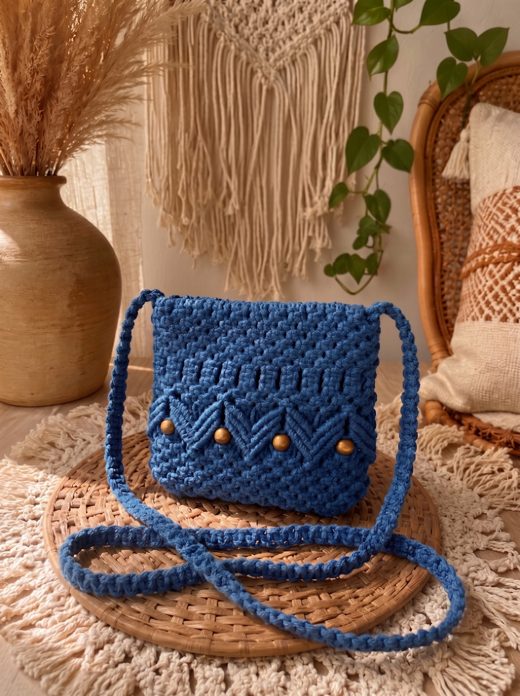 Dusty Blue Macrame Shoulder Bag | Vintage-Style Beaded Boho Bag