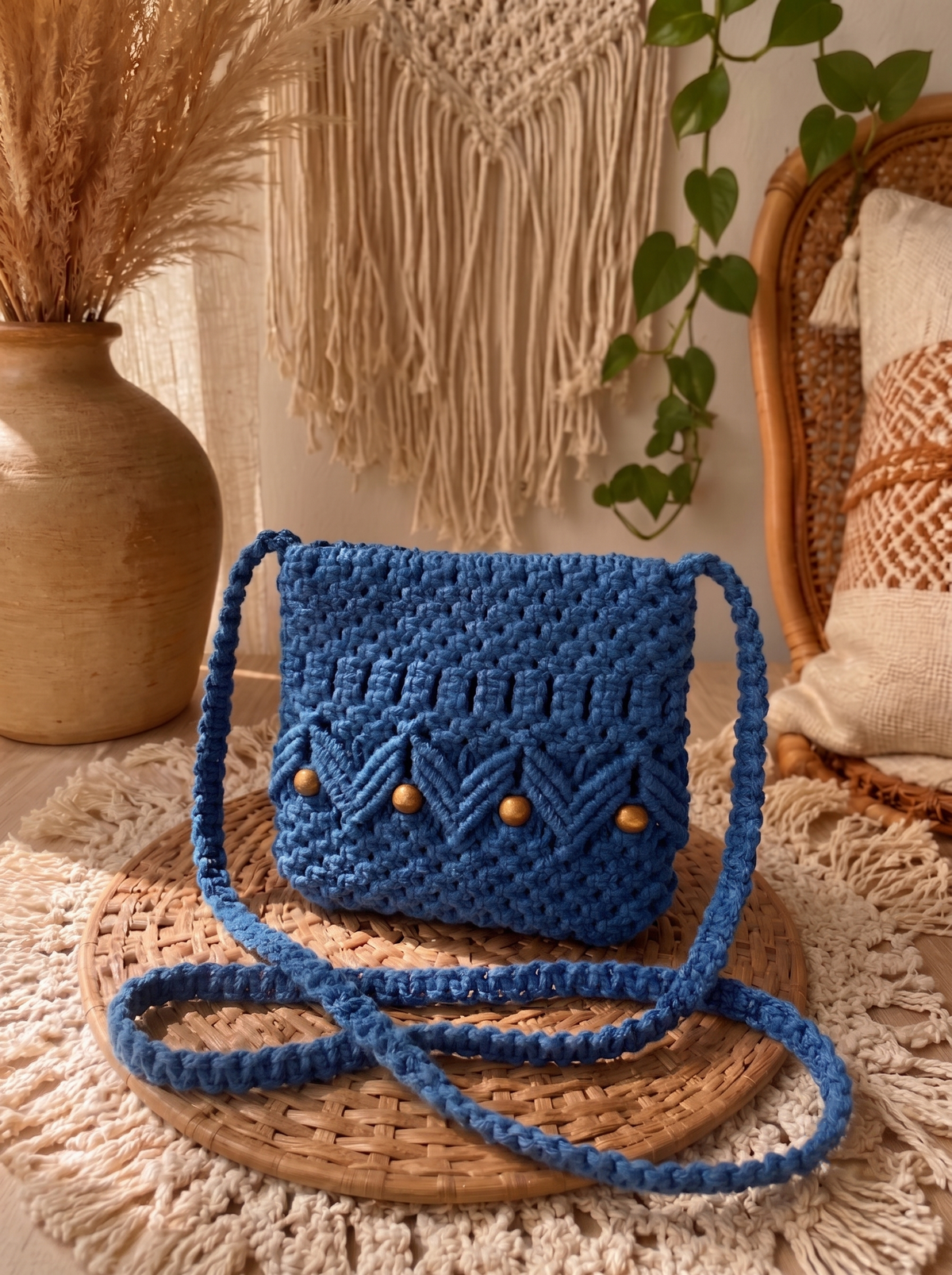 Dusty Blue Macrame Shoulder Bag | Vintage-Style Beaded Boho Bag