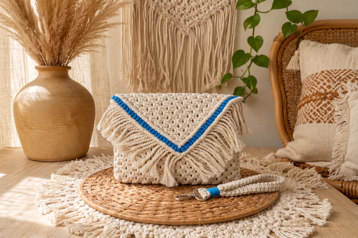 Ivory Macrame Clutch Set with Blue Trim | Envelope Bag + Wristlet Keychain