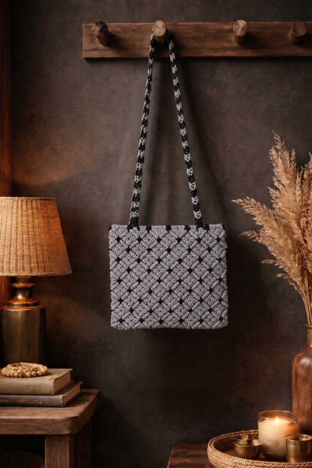 Grey Macrame Crossbody Bag | Diamond Pattern Handwoven Bag