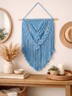 Turquoise Macrame Wall Hanging | Boho Tapestry on Wooden Dowel