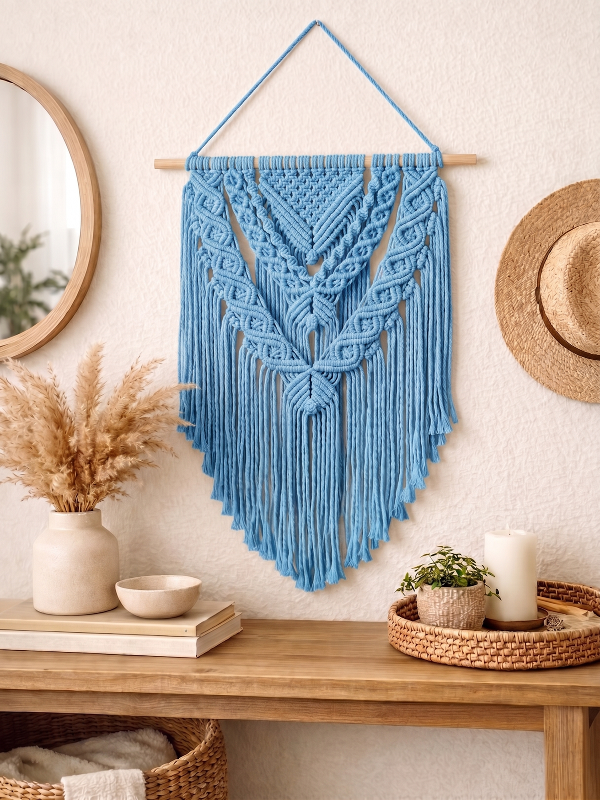 Turquoise Macrame Wall Hanging | Boho Tapestry on Wooden Dowel