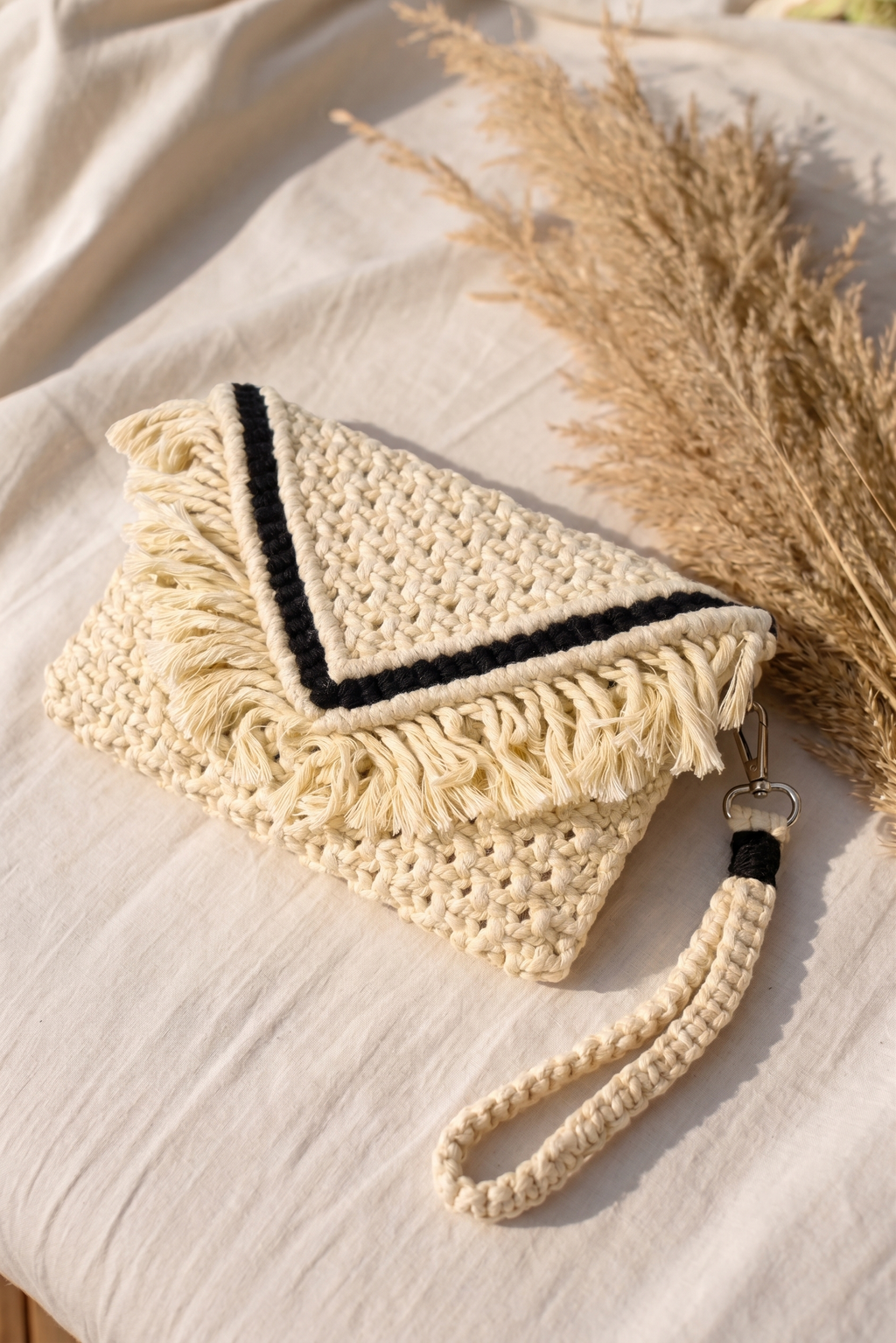Ivory & Black Macrame Clutch | Boho Envelope Bag with Wristlet Strap