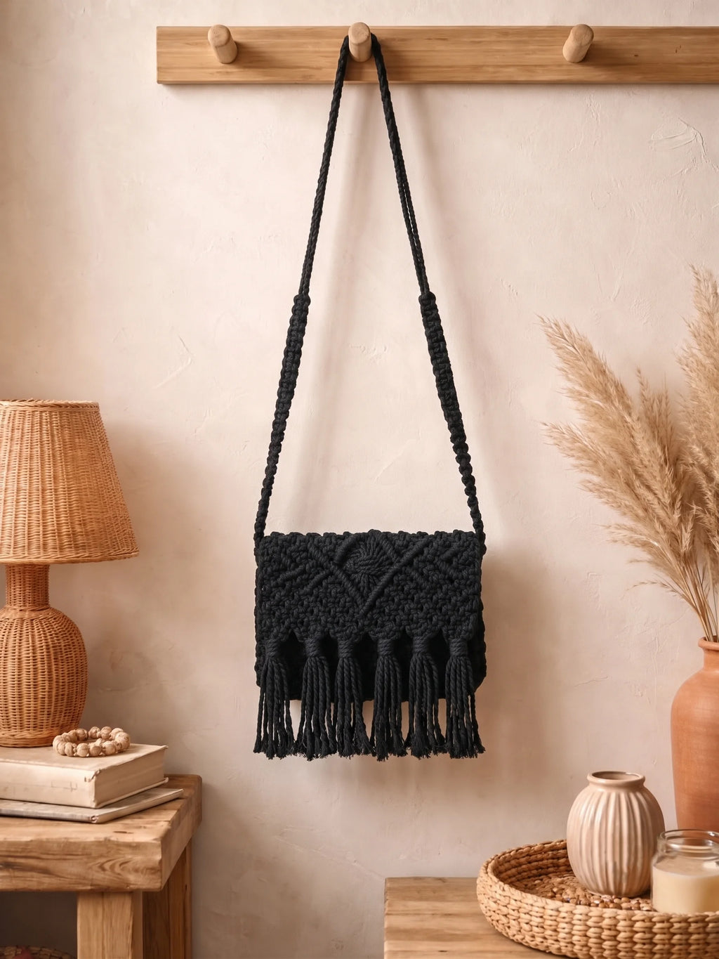 Black Macramé Crossbody Bag