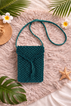 Teal Macrame Phone Bag | Handwoven Mini Crossbody with Leaf Detail