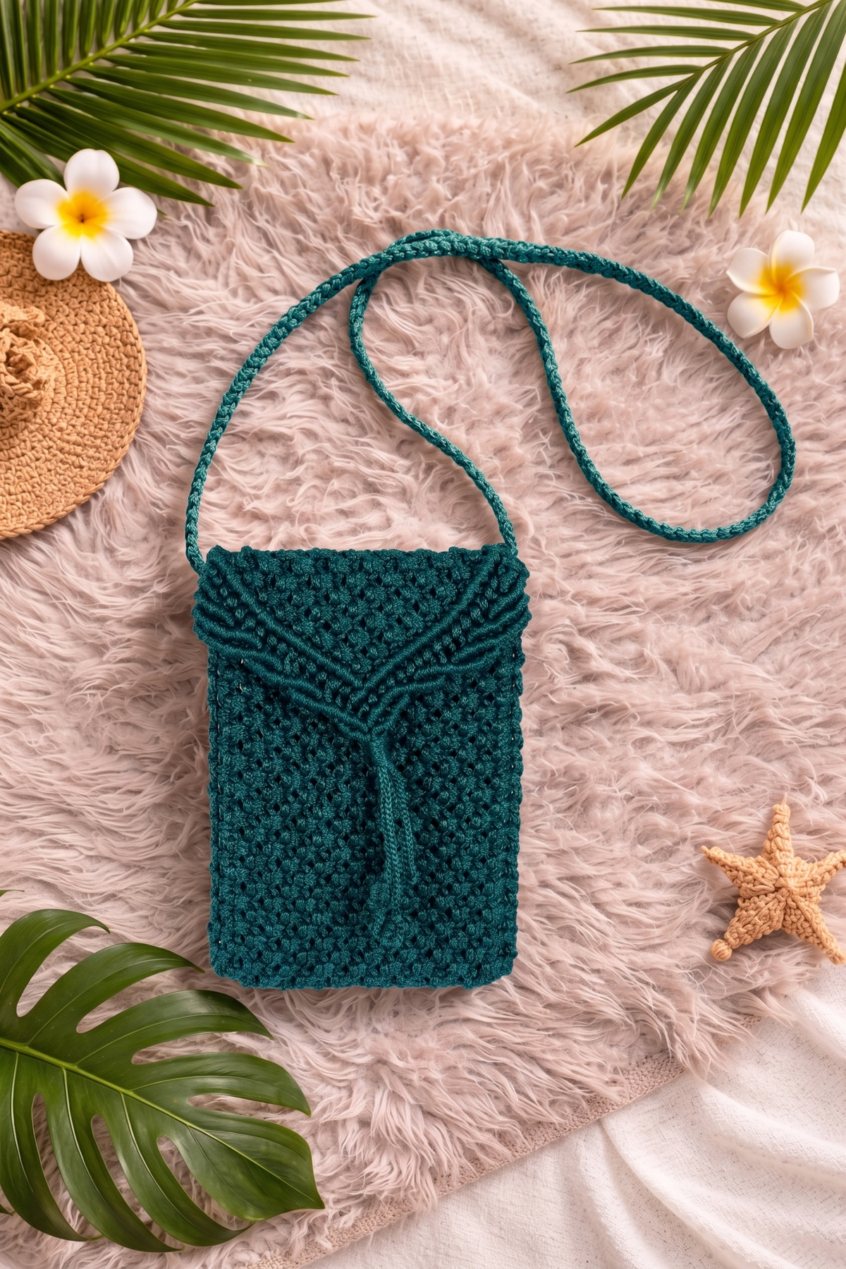 Teal Macrame Phone Bag | Handwoven Mini Crossbody with Leaf Detail
