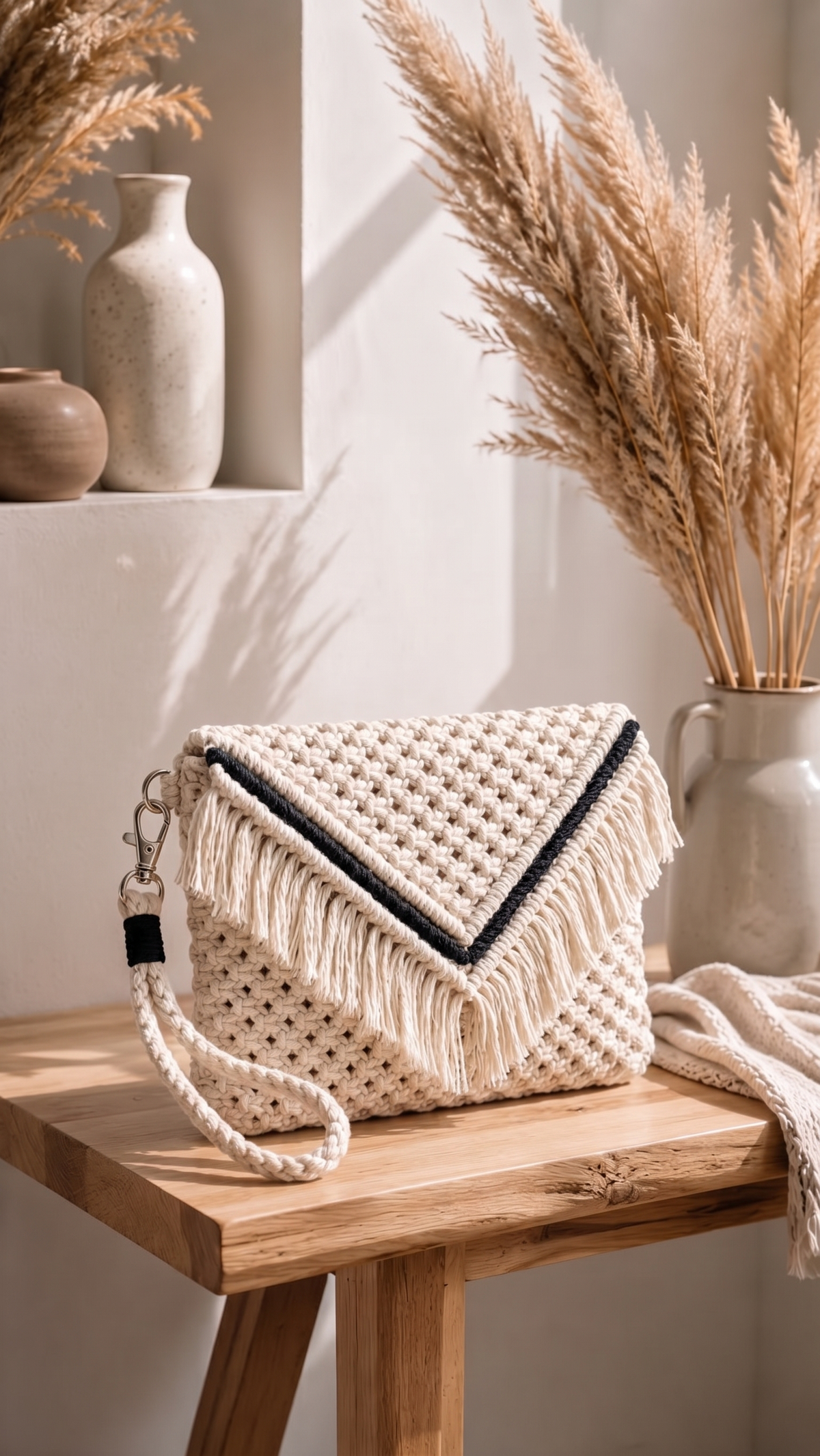 Ivory & Black Macrame Clutch | Boho Envelope Bag with Wristlet Strap