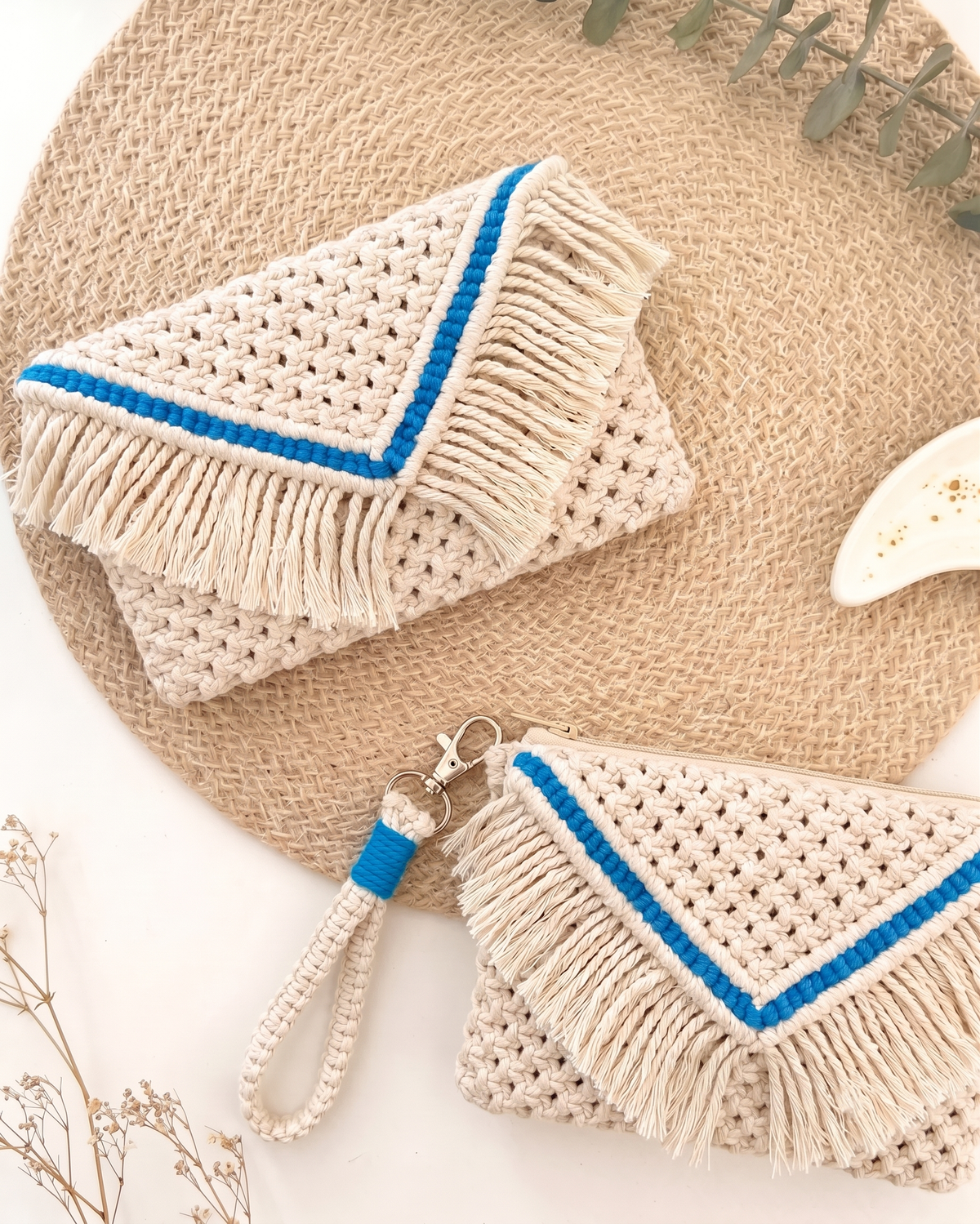 Ivory Macrame Clutch Set with Blue Trim | Envelope Bag + Wristlet Keychain