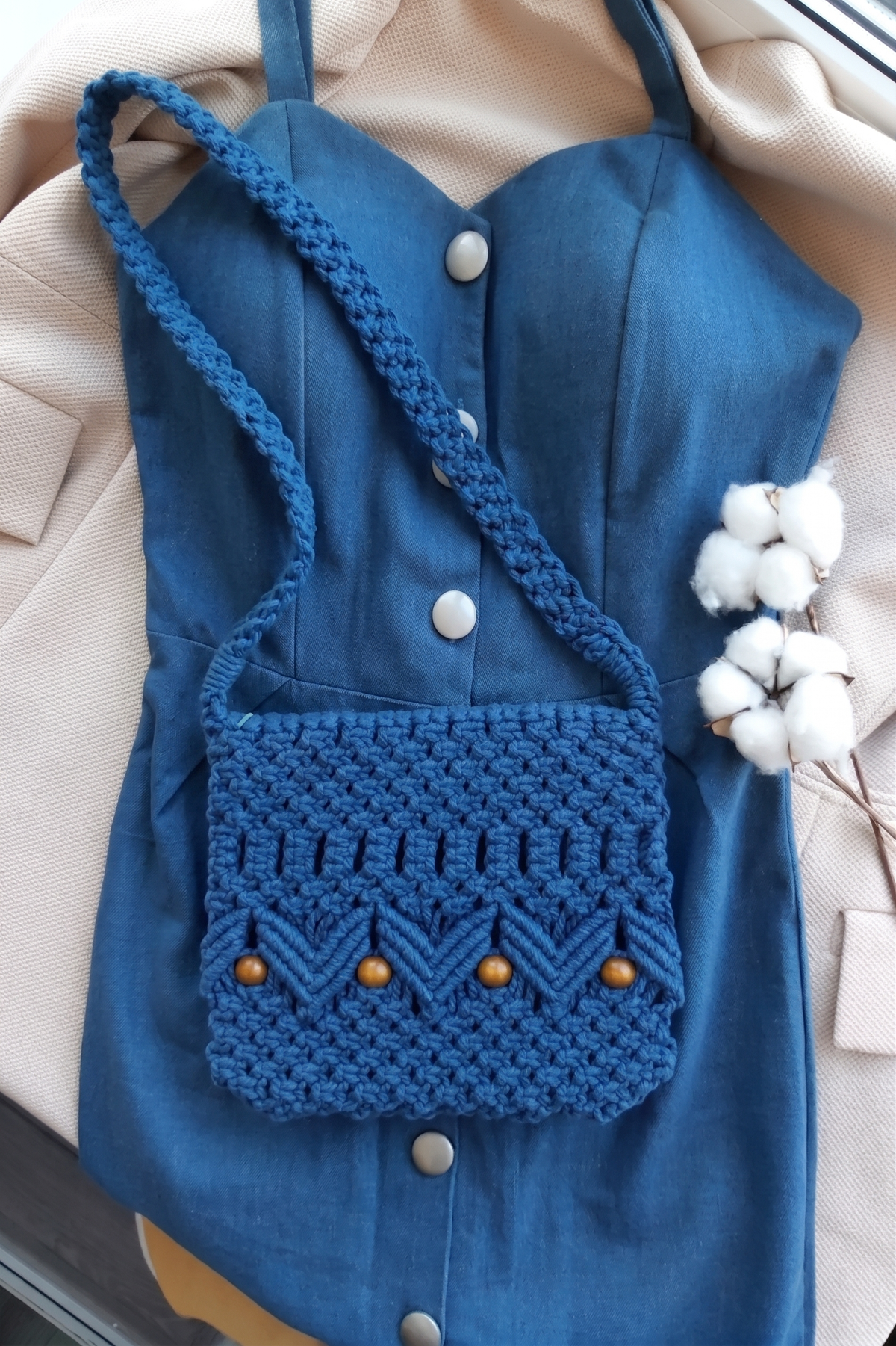 Dusty Blue Macrame Shoulder Bag | Vintage-Style Beaded Boho Bag