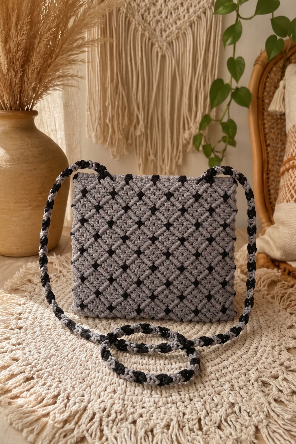 Grey Macrame Crossbody Bag | Diamond Pattern Handwoven Bag