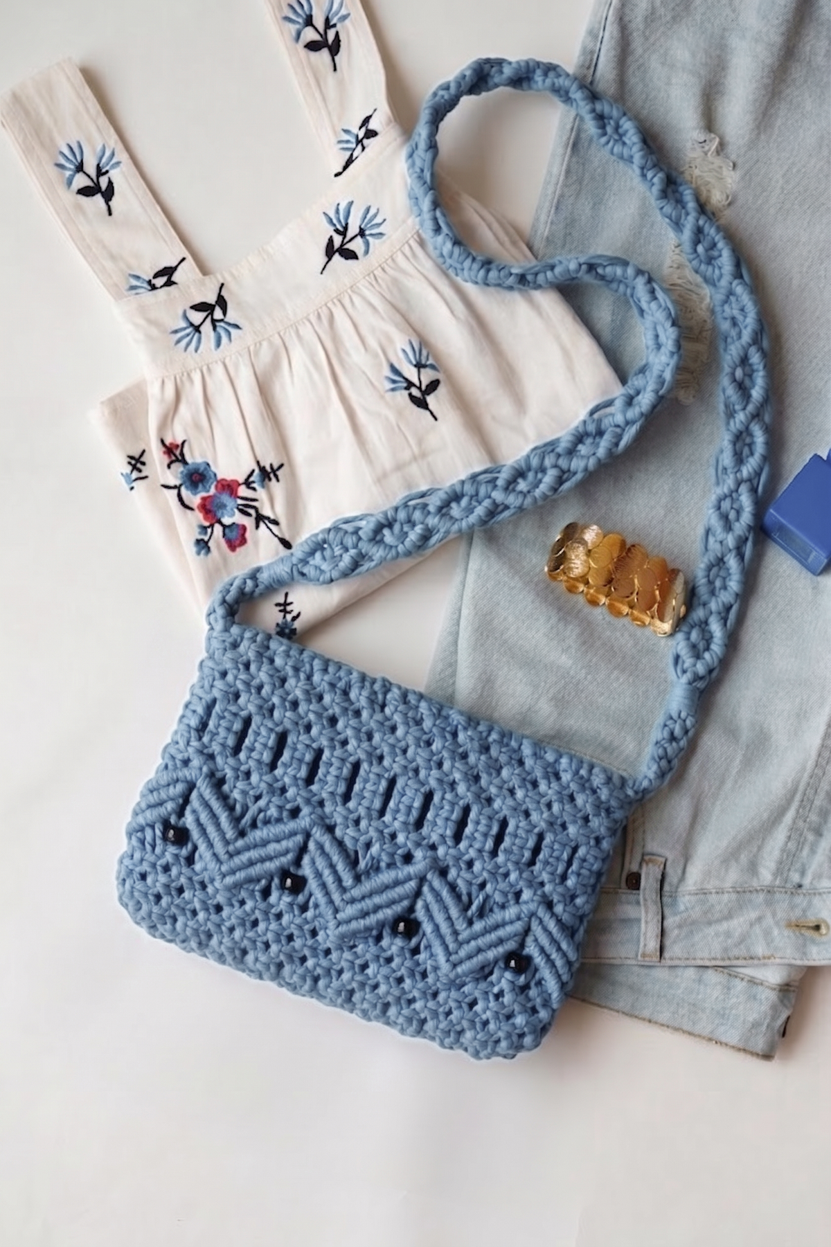 Royal Blue Macrame Crossbody | Beaded Chevron Boho Bag