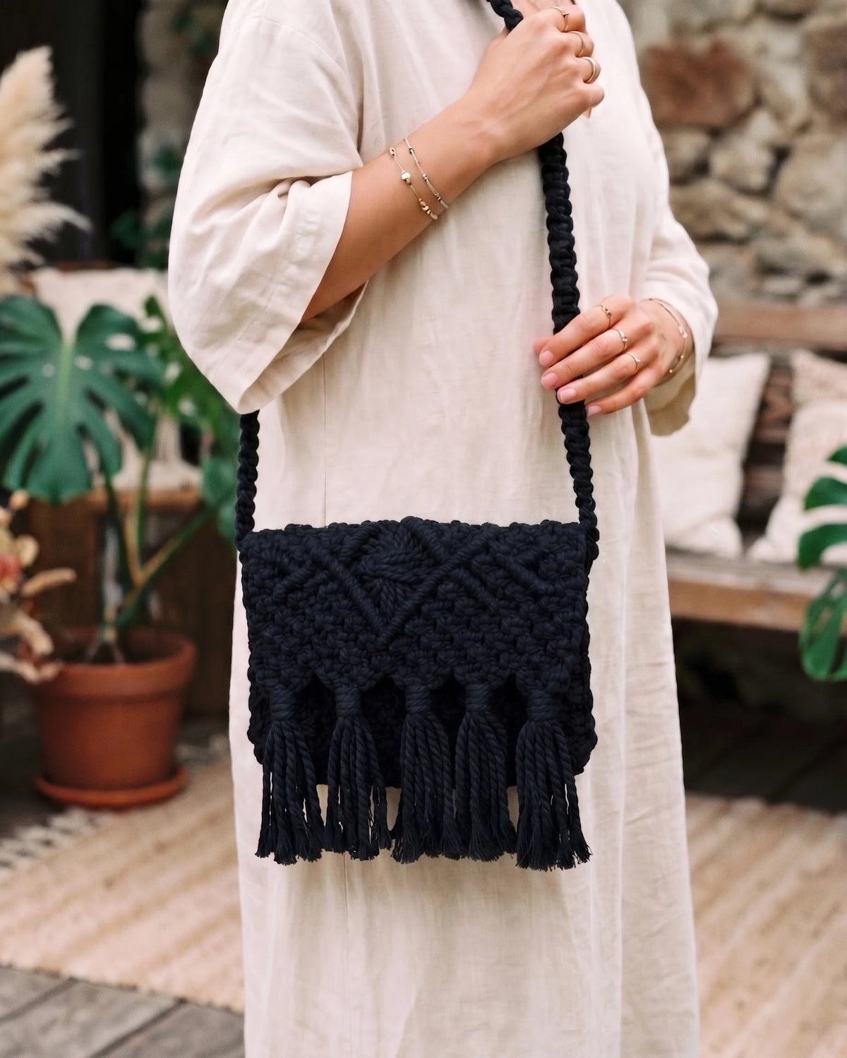 Black Macramé Crossbody Bag