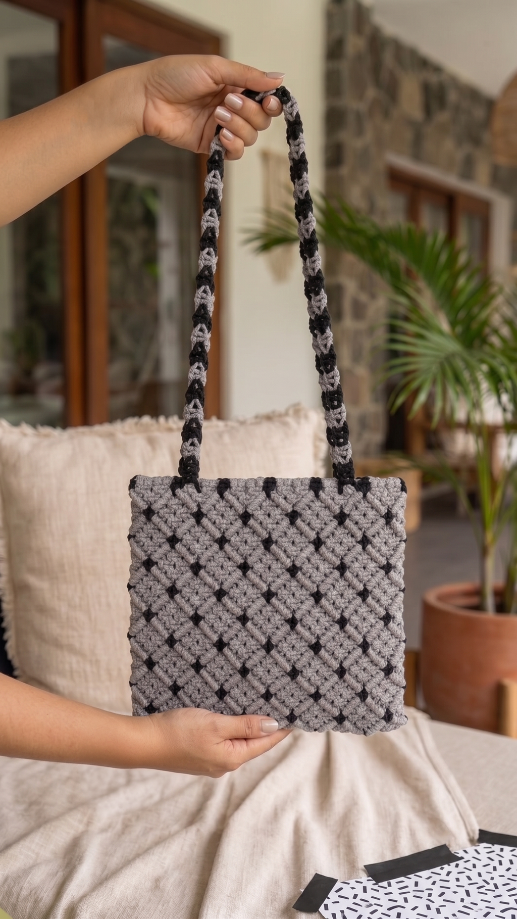 Grey Macrame Crossbody Bag | Diamond Pattern Handwoven Bag