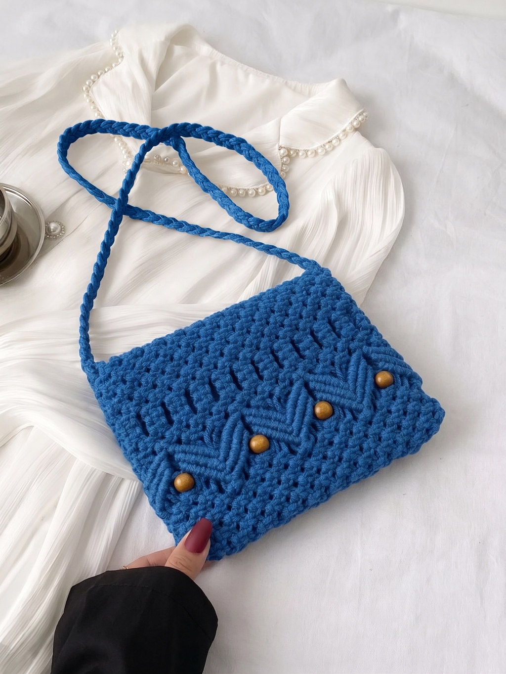 Dusty Blue Macrame Shoulder Bag | Vintage-Style Beaded Boho Bag
