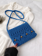 Dusty Blue Macrame Shoulder Bag | Vintage-Style Beaded Boho Bag