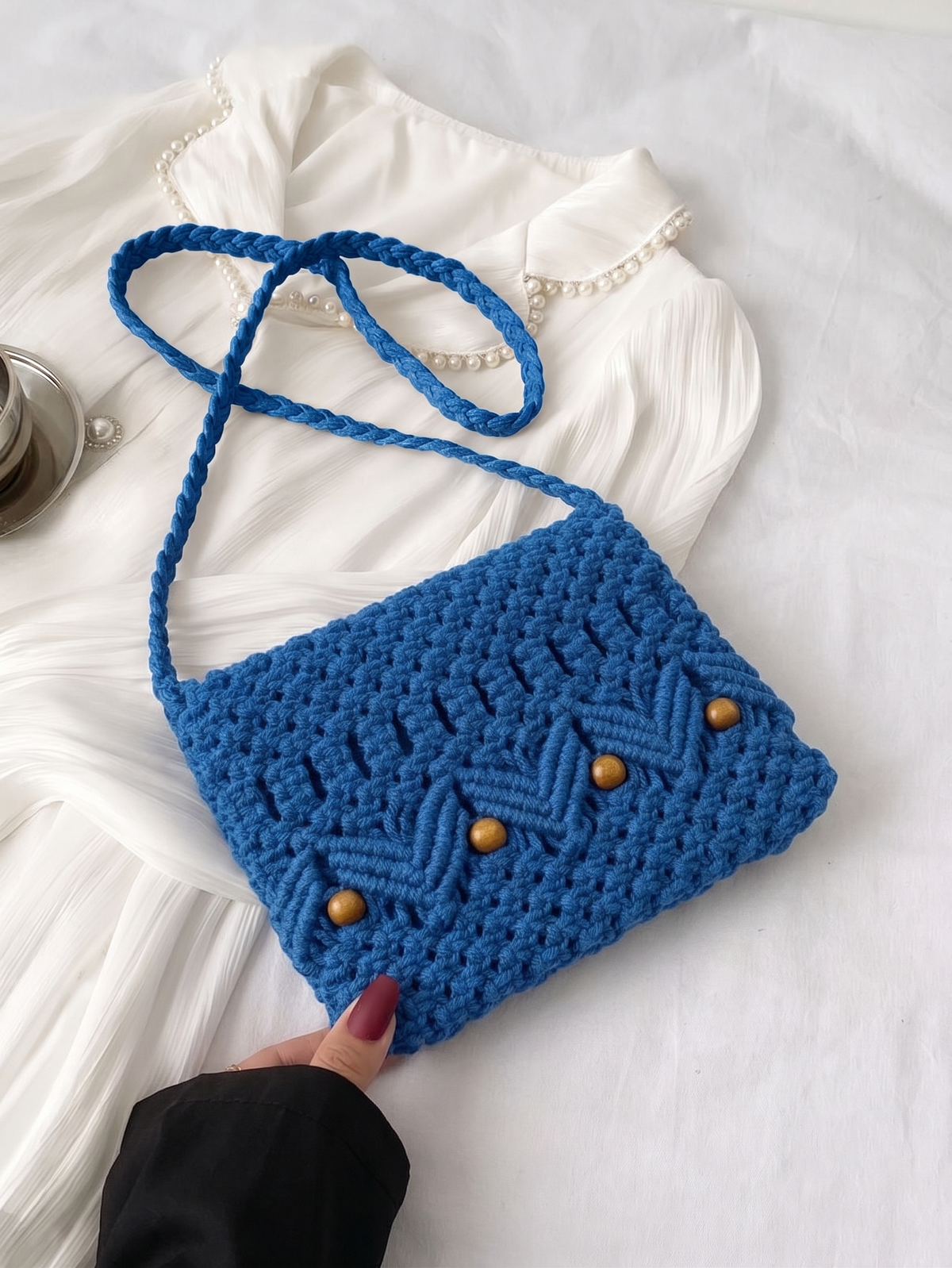 Dusty Blue Macrame Shoulder Bag | Vintage-Style Beaded Boho Bag