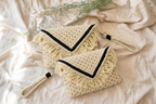 Ivory & Black Macrame Clutch | Boho Envelope Bag with Wristlet Strap