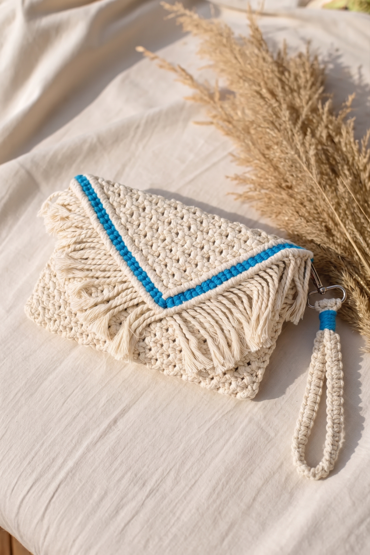 Ivory Macrame Clutch Set with Blue Trim | Envelope Bag + Wristlet Keychain