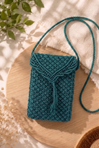 Teal Macrame Phone Bag | Handwoven Mini Crossbody with Leaf Detail