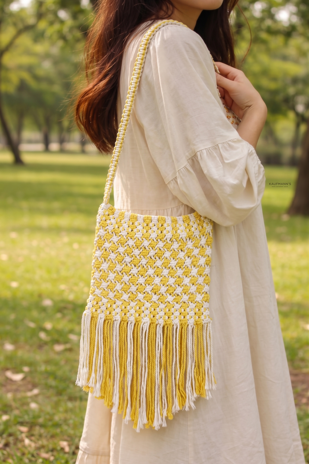 Sunshine Yellow Macrame Shoulder Bag | Two-Tone Boho Fringe Bag