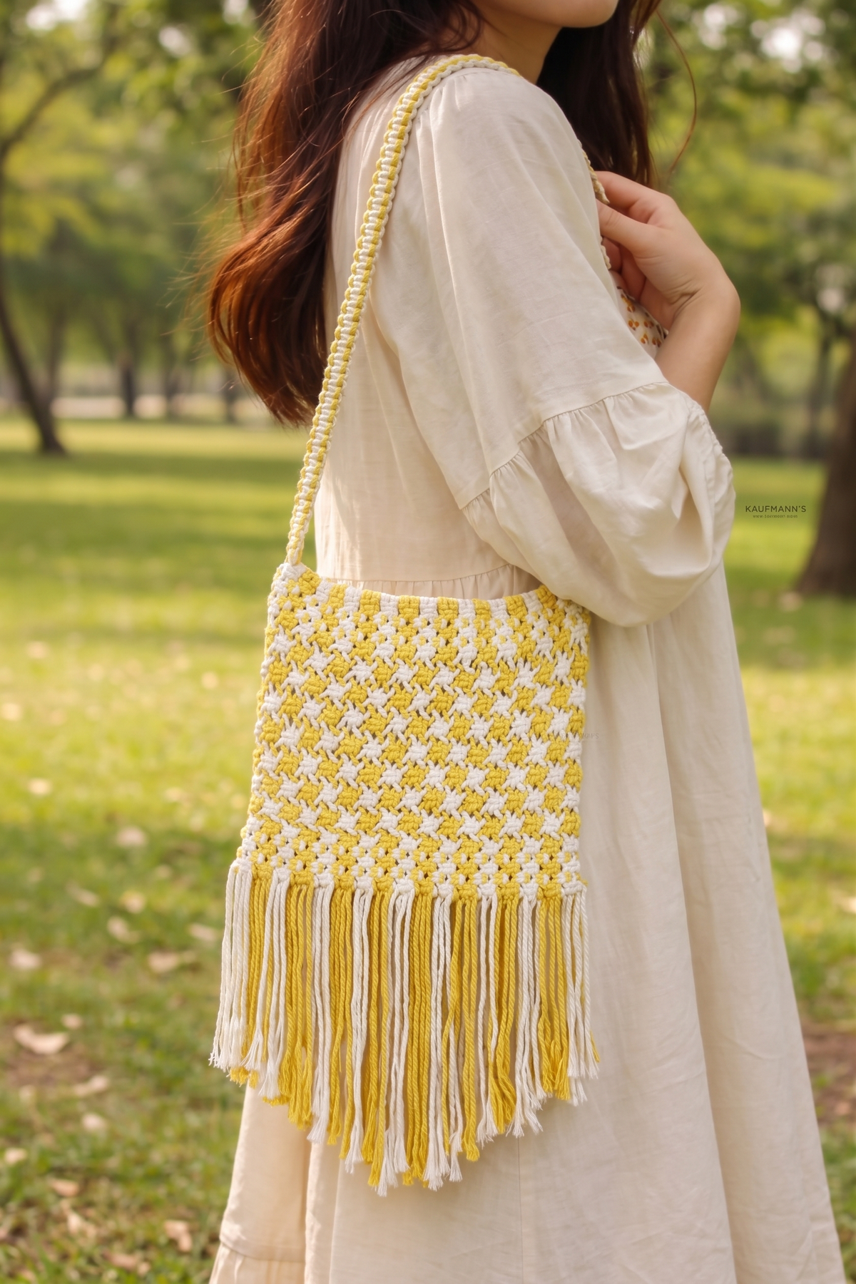 Sunshine Yellow Macrame Shoulder Bag | Two-Tone Boho Fringe Bag