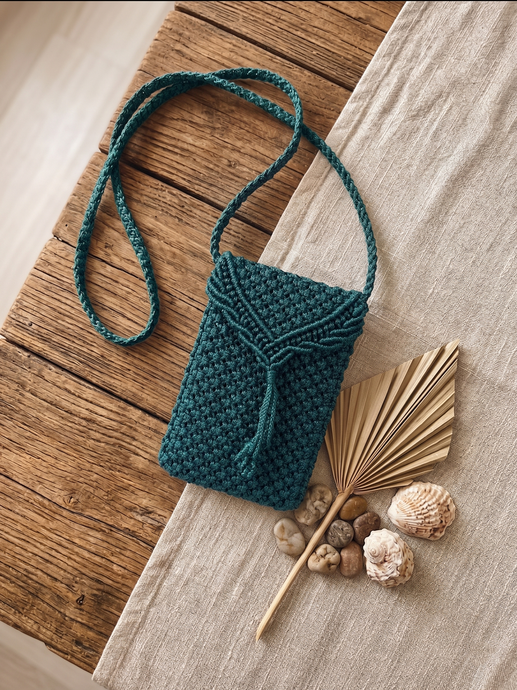 Teal Macrame Phone Bag | Handwoven Mini Crossbody with Leaf Detail