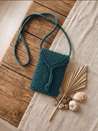 Teal Macrame Phone Bag | Handwoven Mini Crossbody with Leaf Detail