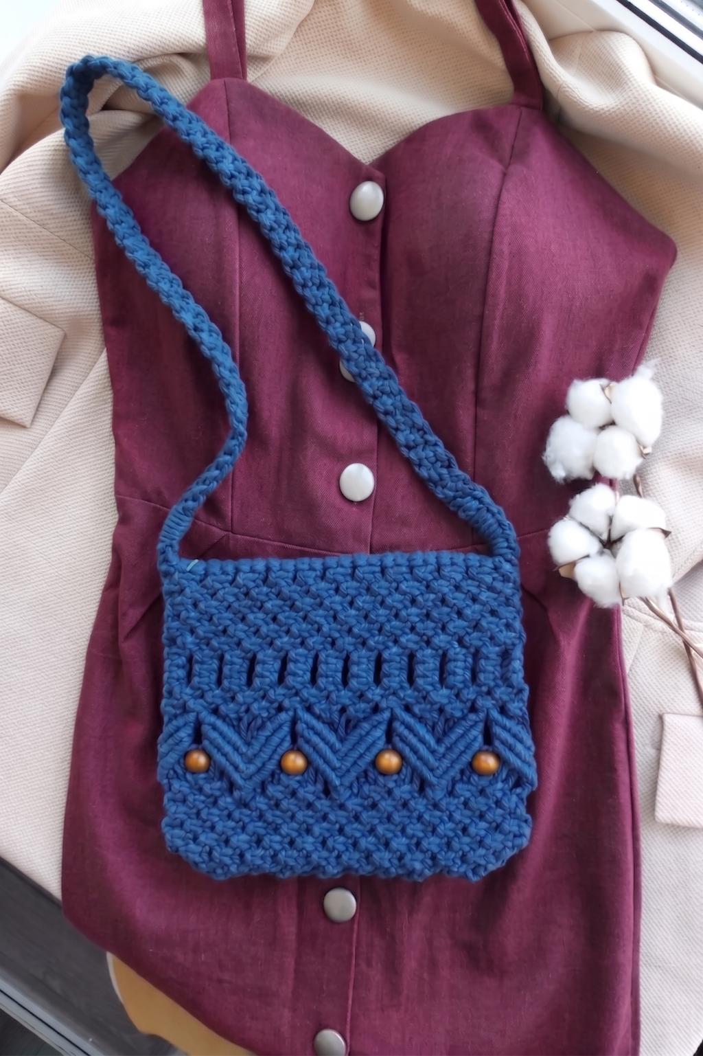 Dusty Blue Macrame Shoulder Bag | Vintage-Style Beaded Boho Bag