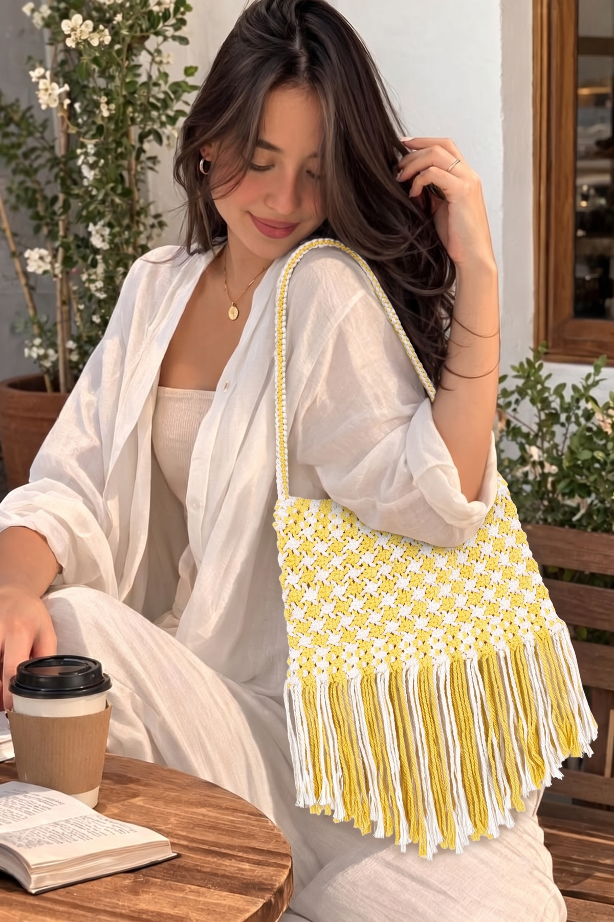 Sunshine Yellow Macrame Shoulder Bag | Two-Tone Boho Fringe Bag
