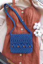 Dusty Blue Macrame Shoulder Bag | Vintage-Style Beaded Boho Bag