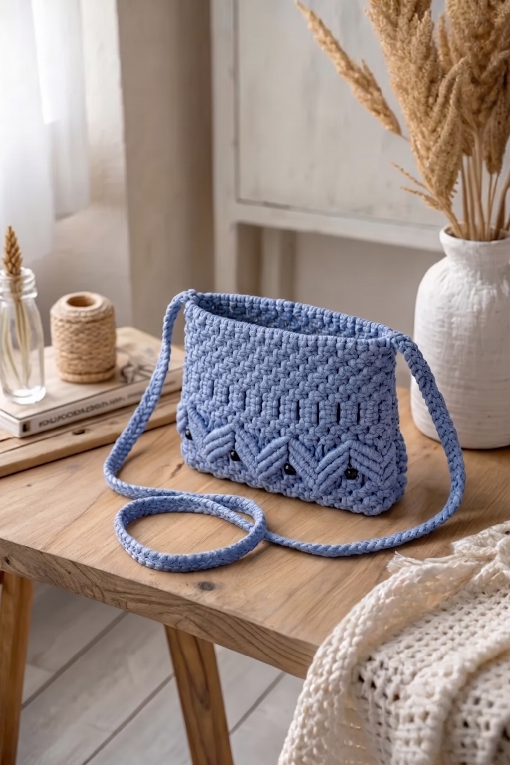Royal Blue Macrame Crossbody | Beaded Chevron Boho Bag