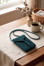 Teal Macrame Phone Bag | Handwoven Mini Crossbody with Leaf Detail