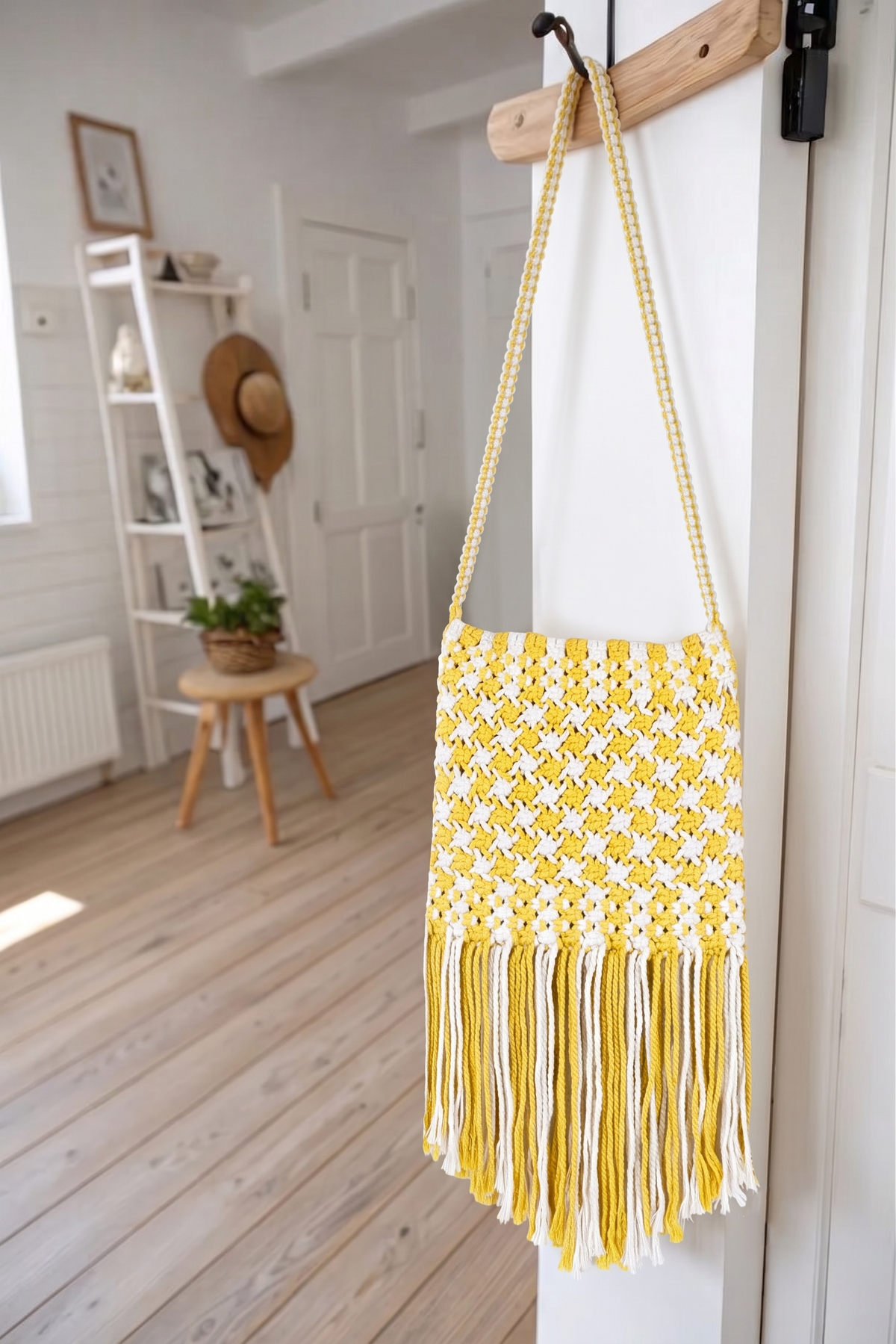 Sunshine Yellow Macrame Shoulder Bag | Two-Tone Boho Fringe Bag