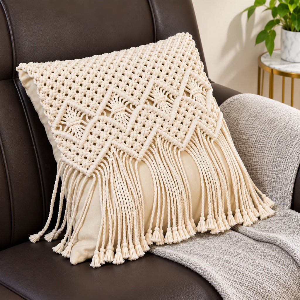 Scalloped Macramé Tassel Cushion Cover