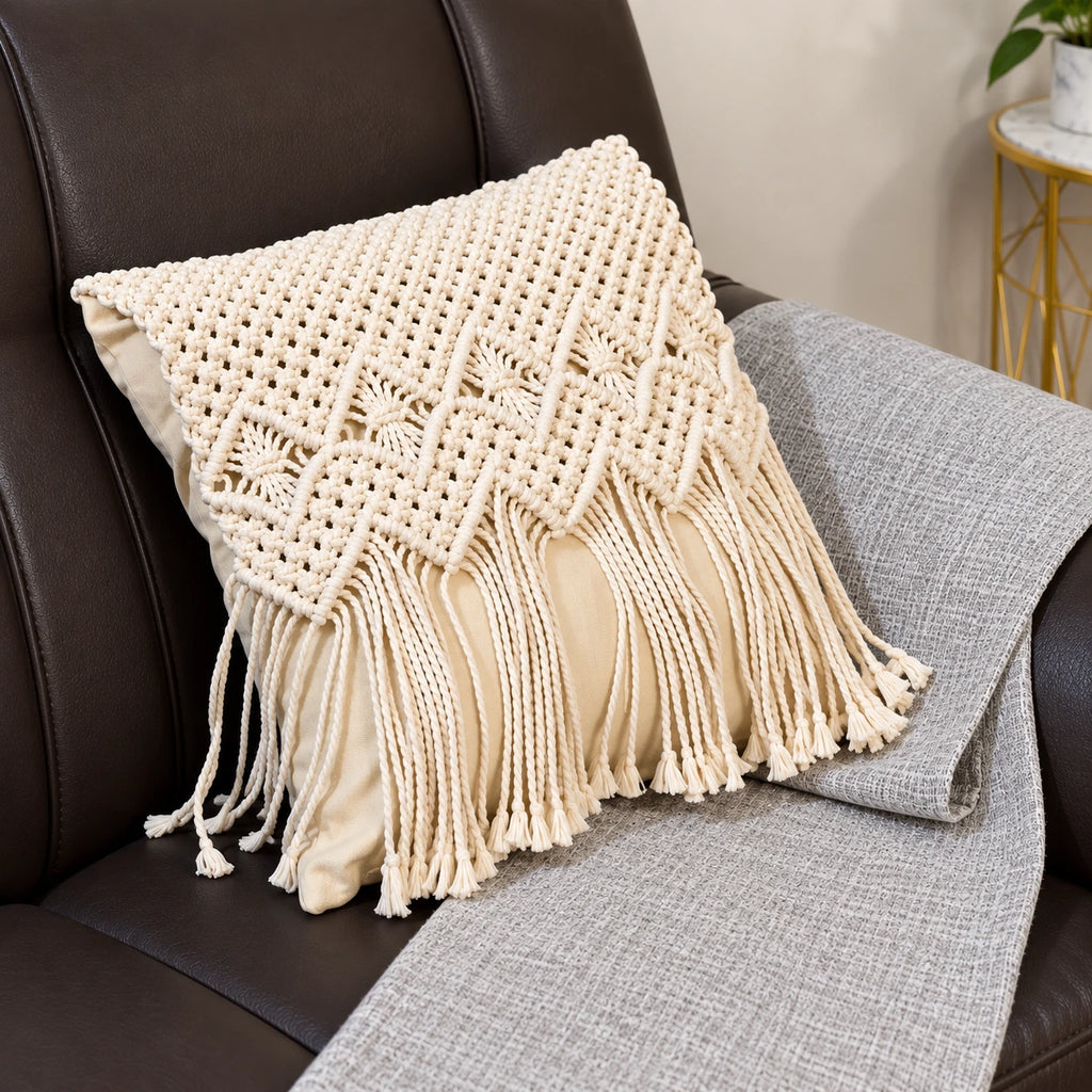 Scalloped Macramé Tassel Cushion Cover